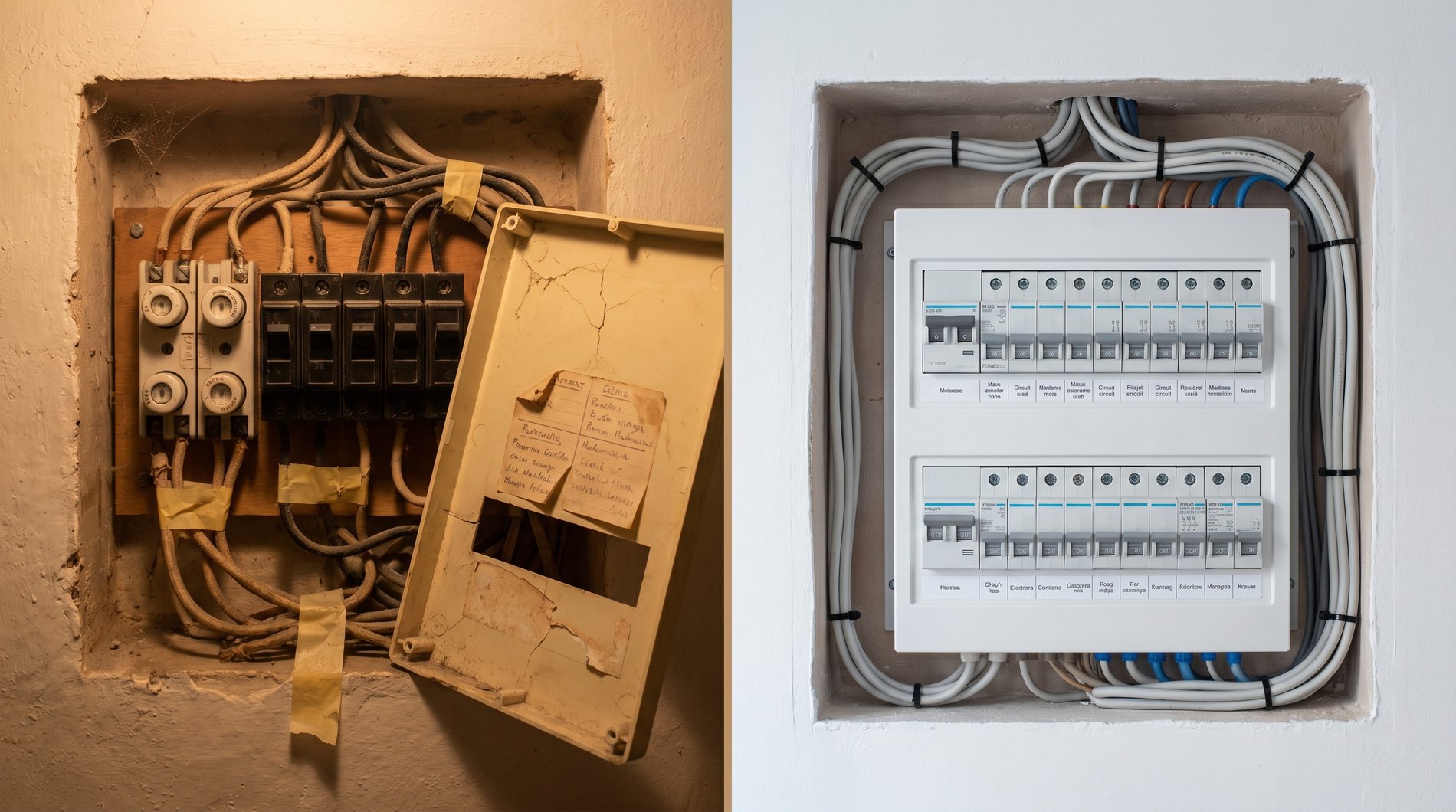 Antes y después: cuadro eléctrico antiguo sustituido por uno moderno con diferenciales