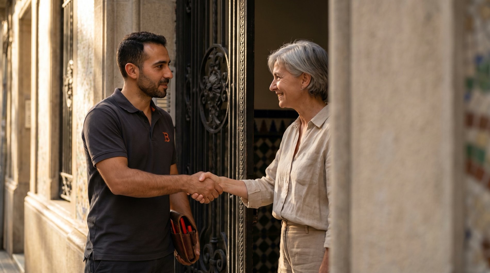Técnico de Bricolumia saludando a una cliente en portal modernista del Eixample, Barcelona