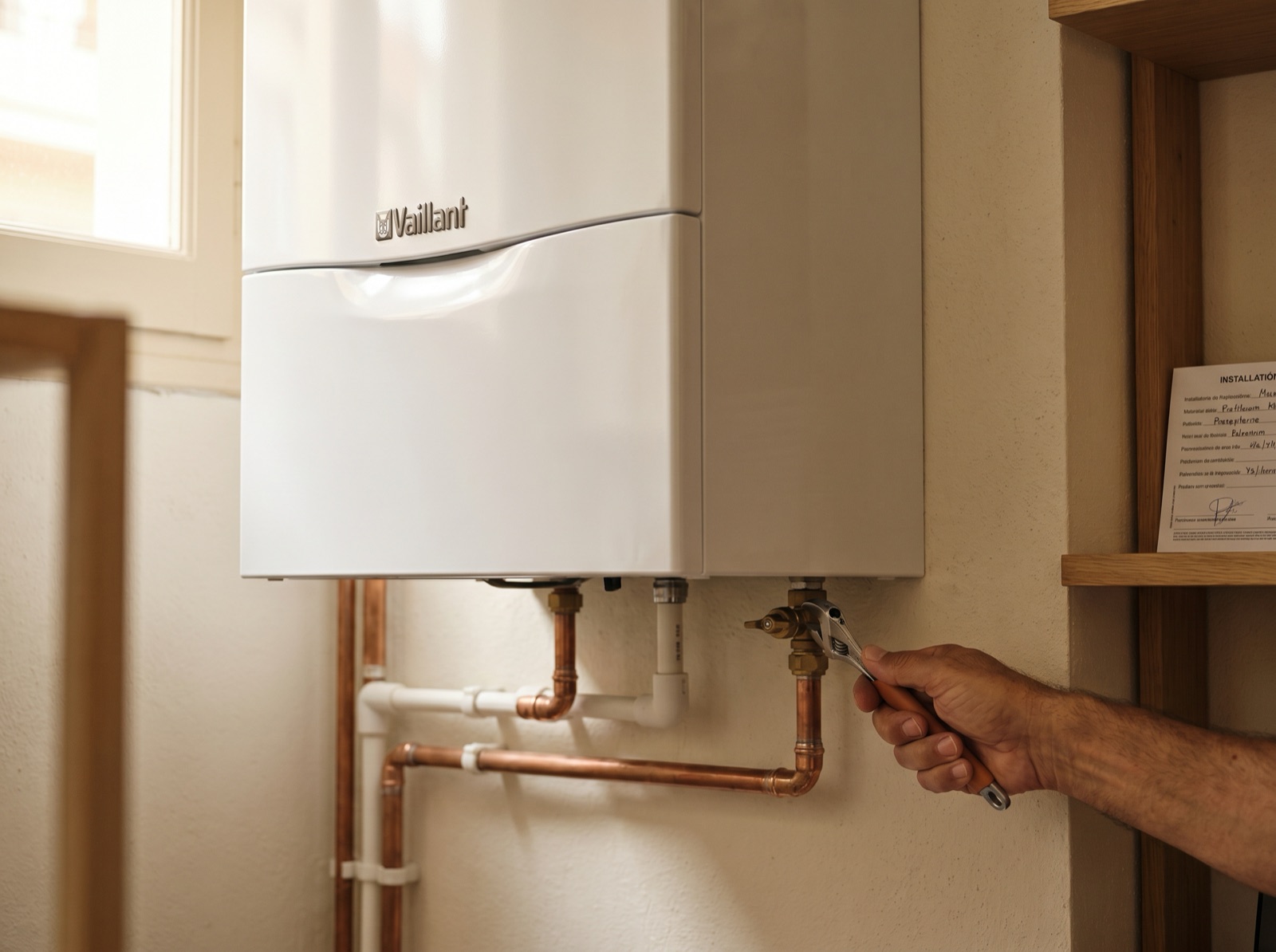 Caldera Vaillant instalada por Bricolumia con tubería de cobre en vivienda de Barcelona
