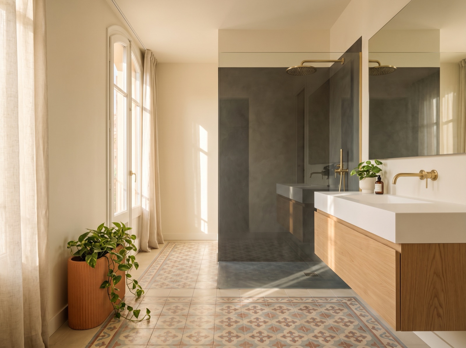 Baño reformado con baldosa hidráulica catalana y vanity de roble en Sant Cugat